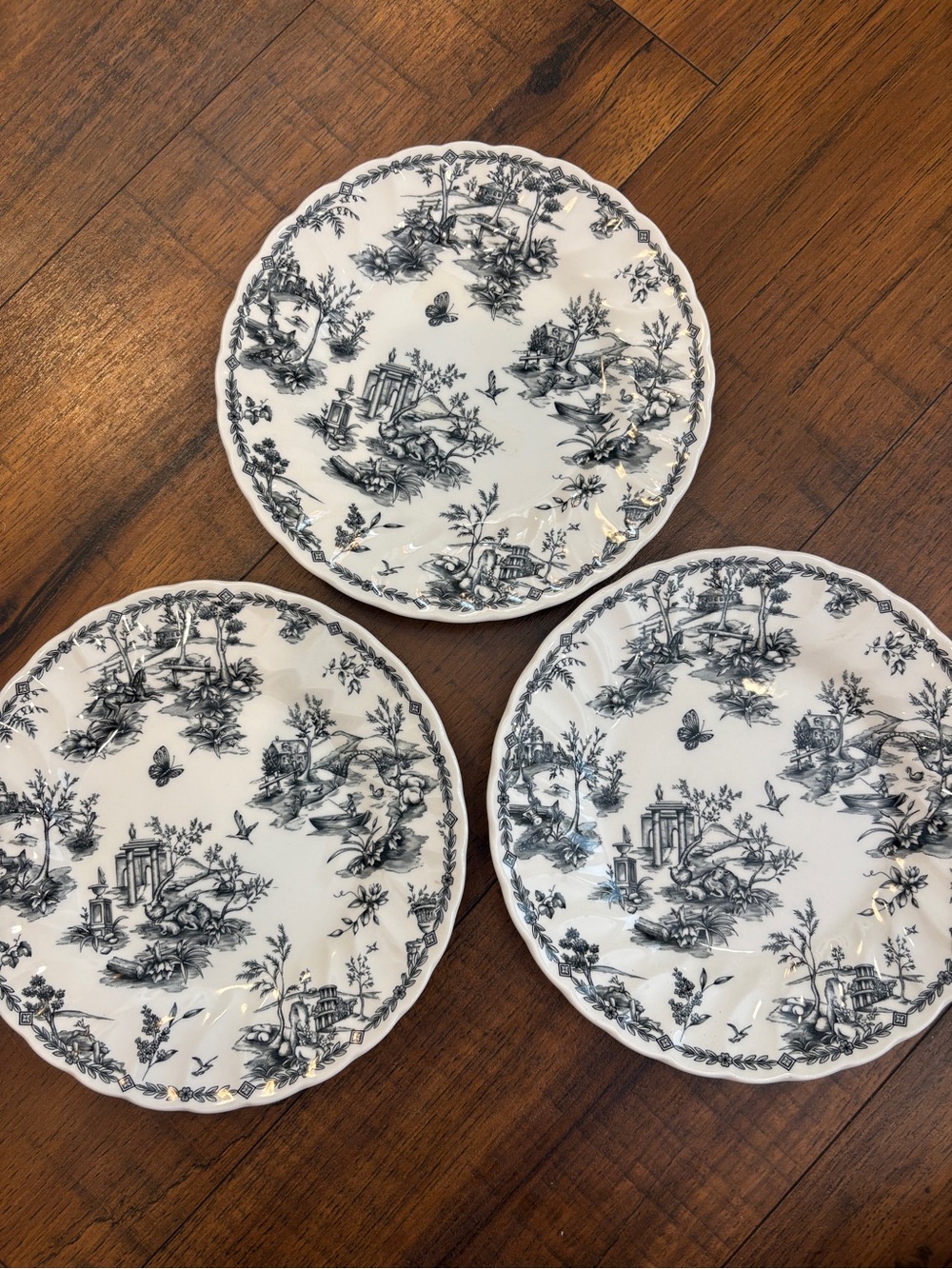 Set of 3 Churchill Black Toile Salad Plates Chelsea Pattern England Scalloped